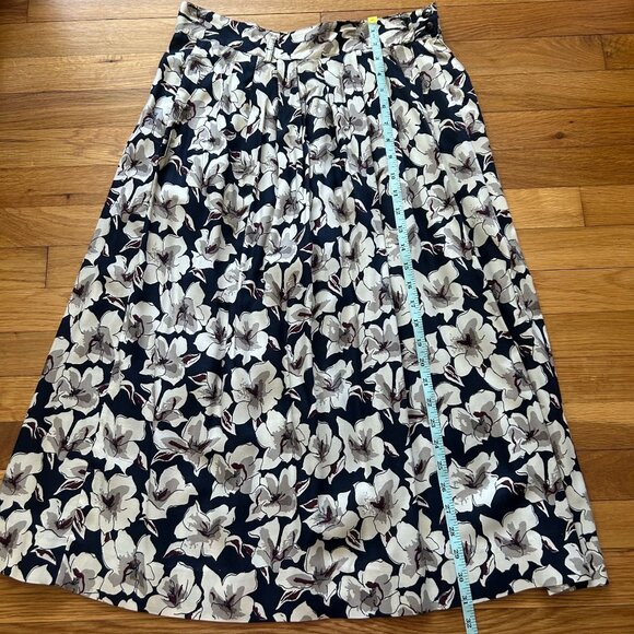 Vintage Floral Pleated Midi Skirt Navy Blue & Cream High-Waist A-Line - Picture 3 of 8